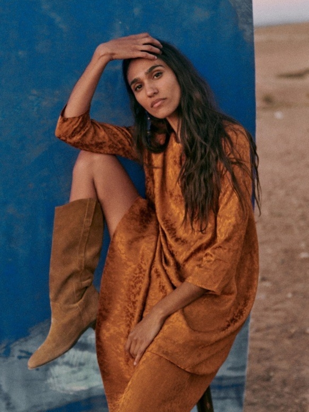 Sezane Dress Tinsley Bronze Orange Textured Jacquard Midi A-Line Size FR 40 M